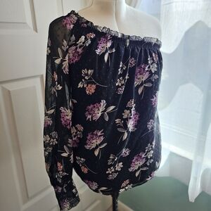 Women's WHBM One Shoulder Midnight Floral Black Purple Print Summer Blouse Large